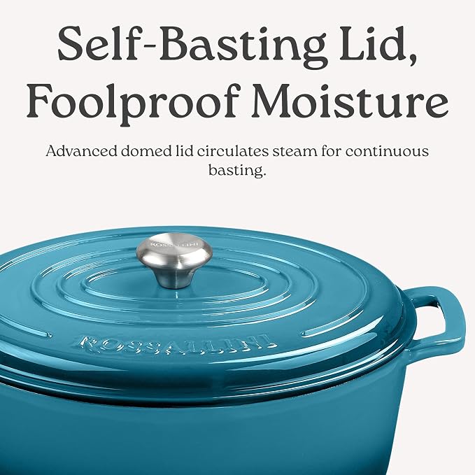 Signature Enameled Cast Iron Oval Dutch Oven | Non-Stick Serving Pot with Tight Fitting Lid for Perfect Roasting, Baking, Sauteing, and Bread Making | 6.75Q [Indigo Blue]
