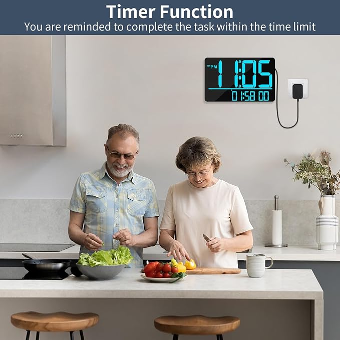 PERSUPER 13" Digital Wall Clock Large Display with Remote, Temp & Timer | Auto Dimming, 12/24H, DST, Calendar, 25 Ringtones, for Living Room, Bedroom, Office & Elderly - Blue