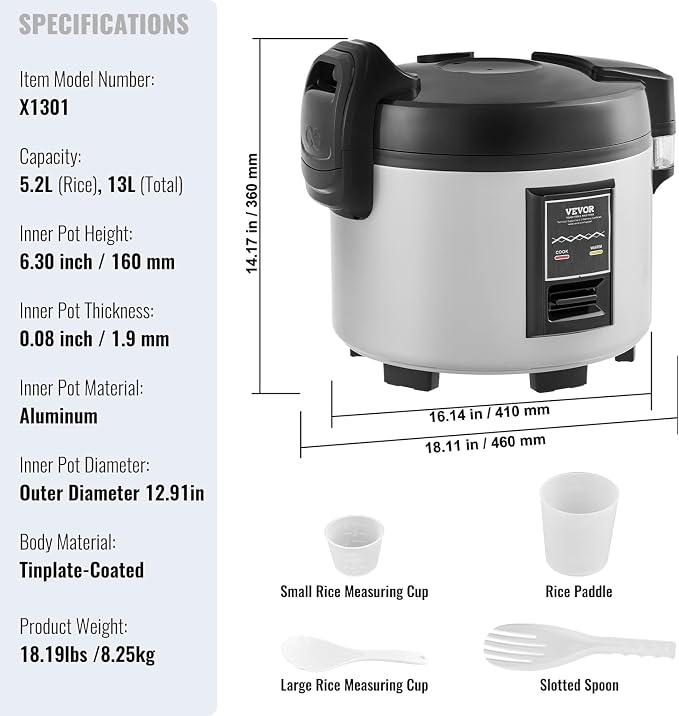 VEVOR Commercial Rice Cooker, 60-Cup Rice Cooker, 13.74 Qt / 13 Liter Large Rice Cooker and Warmer with Nonstick Inner Pot, Fast Cooking and 12-Hour Keep Warm, with Rice Cup and Paddle, for Restaurant