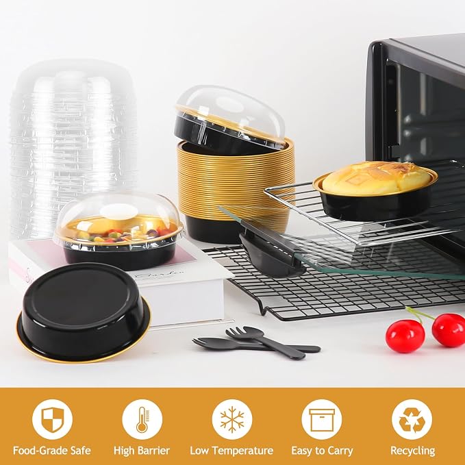 LNYZQUS 8oz Mini Pie Tins with Lids 50 Pack, 4 Inch Individual Cake Pans | Foil Disposable, Small Cake Tins, Mini Pie Containers, for Bake Sale Baking and Packaging, Round Black