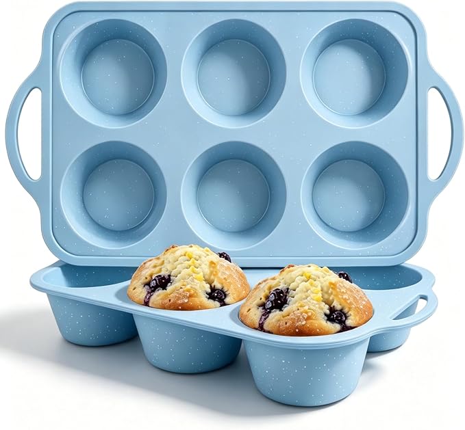 Jumbo Muffin Pan, Metal Reinforced Frame 3.5inch Jumbo Silicone Muffin Pan | 2 Pack, with Handle, BPA Free, Nonstick, Oven Dishwasher Safe, Food-Grade Silicone, Heat-resistant: -104°F to 446°F, 6-Cup
