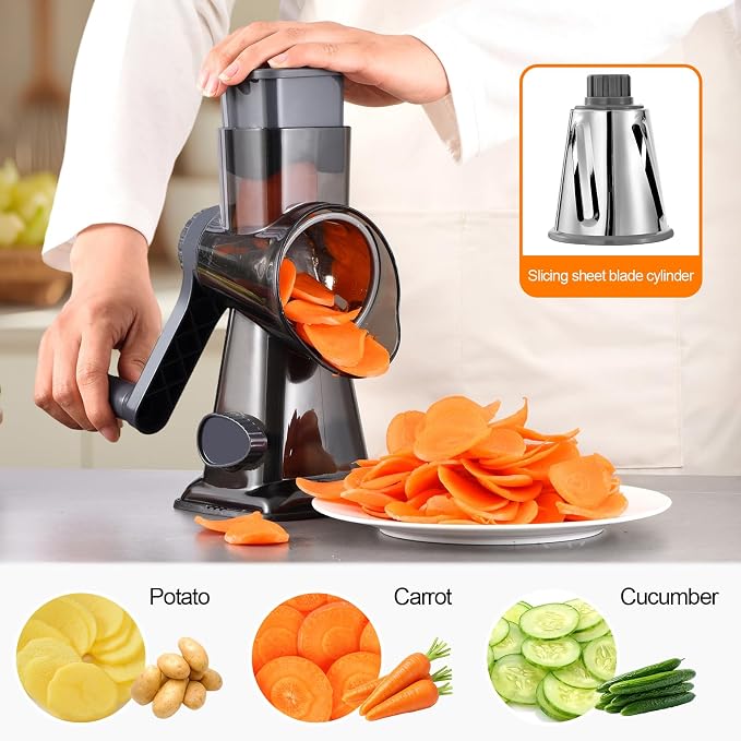Rotary Cheese Grater Manual Hand Crank 3-in-1 Vegetable Shredde | Finger-safe design, stainless steel drums, suction base. Perfect for cheese, vegetables, nuts & chocolate. Easy to clean