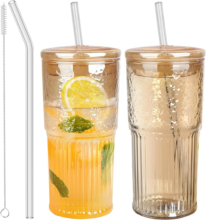 JunVpic Glass Coffee Tumbler, 20 oz Glass Cup with Lid and Straw | Amber glass design, Hammered Texture, reusable straw and lid for iced coffee, tea, smoothies and hot & cold drink