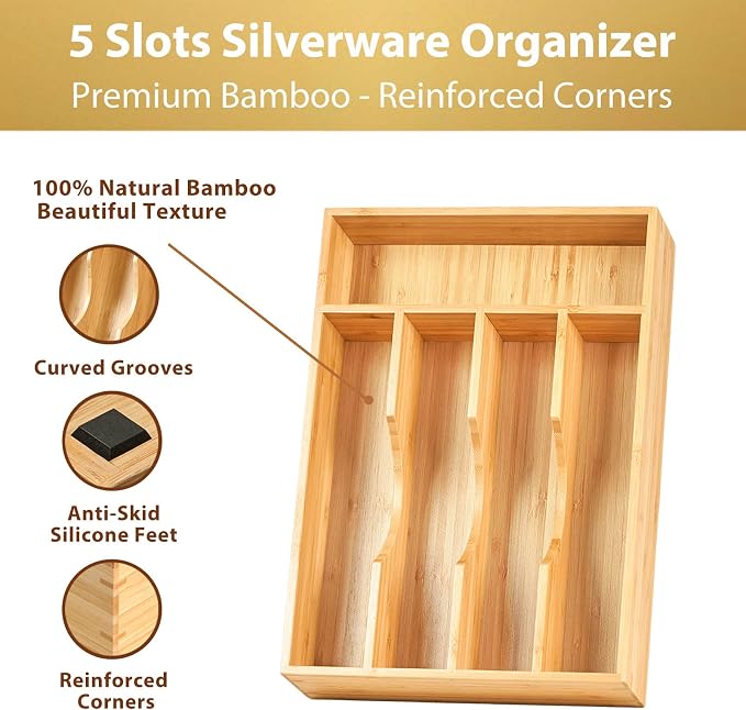 Bamboo Kitchen Drawer Organizer, 8.25 Inch Silverware Utensils Tray Holder for Small Drawer, Wood Caddy for Flatware Cutlery Knives