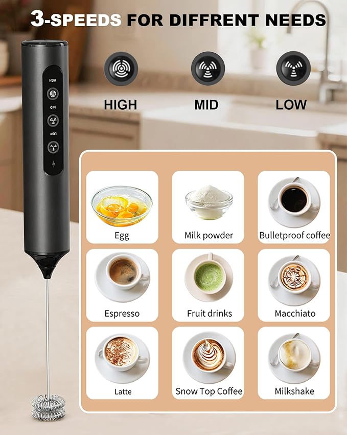 3-Speed Electric Milk Frother Handheld Foam Maker, Black | 3 Whisks & Dual Coil Whisk, TYP-C Rechargeable, Travel Case - Frother for Coffee, Matcha, Hot Chocolate