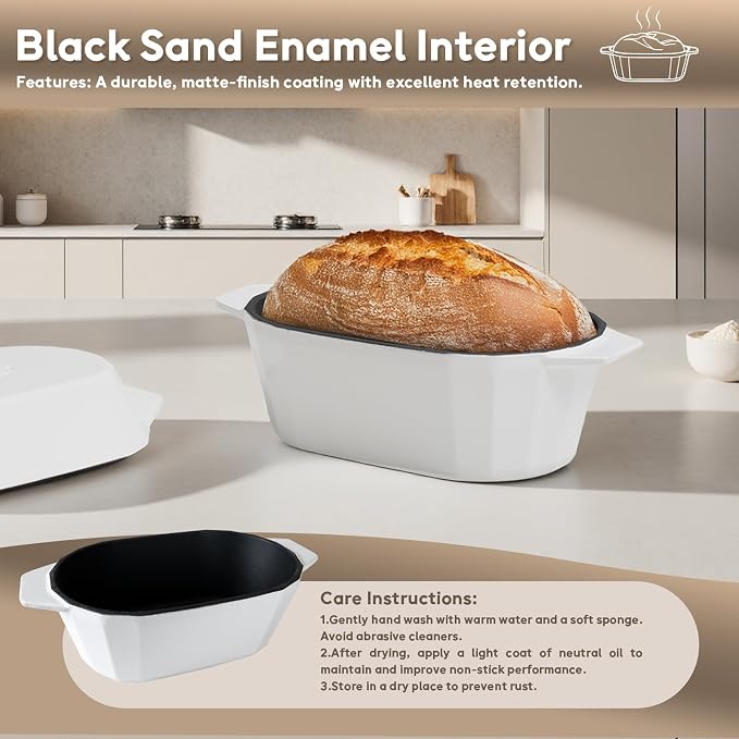 Enameled Cast Iron Sourdough Bread Oven – Dutch Oven for Sourdough, Oval Cast Iron Bread Pan with Lid，Loaf Cast Iron Dutch Oven for Baking (3.3QT-White）
