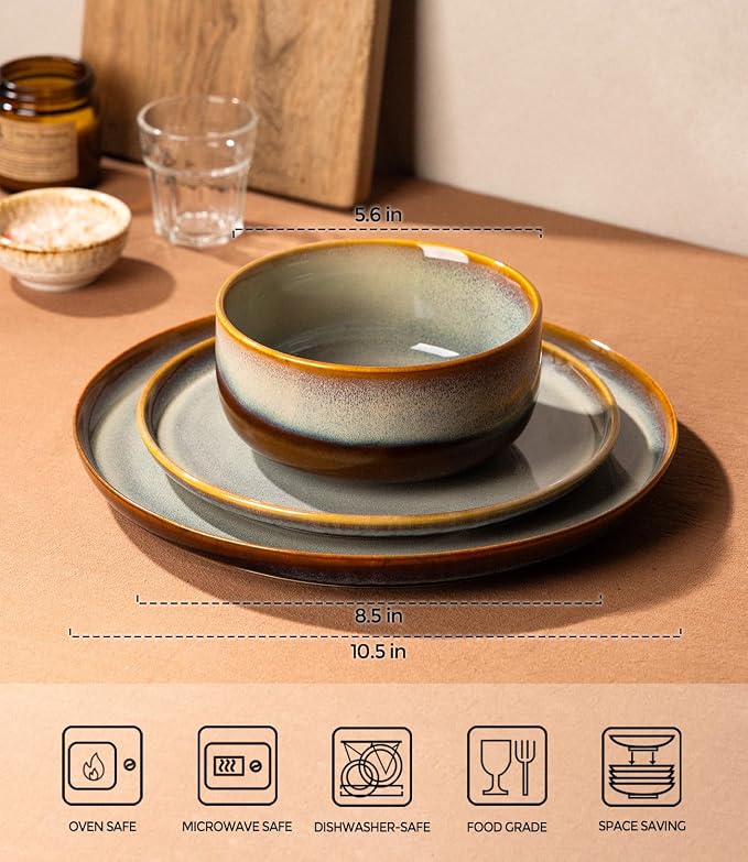 Ceramic Dinnerware Set for 8, 24-Piece Plates and Bowls Set | Handmade Reactive Glaze Dish Set, Scratch Resistant, Oven & Microwave & Dishwasher Safe, Dusk Blue