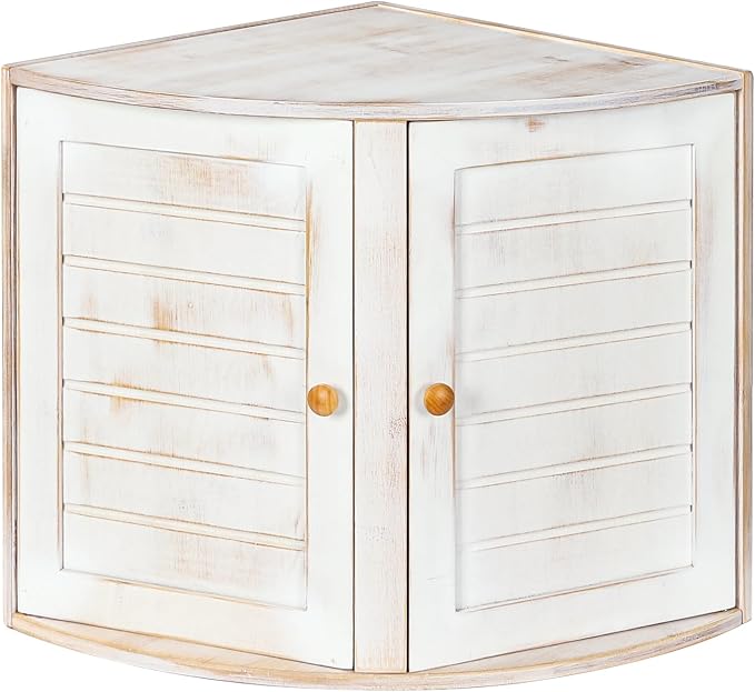 White Vintage Double Layers Bamboo Corner Bread Box for Kitchen Counter | Retro Farmhouse Style, Holds 2+ Loaves, Right Angle Fits Counter Corners, Breathable Keeps Bread Fresh 3-4 Days