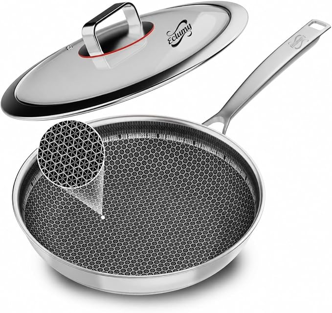 Non Stick Frying Pans w/ Lid, 12in 3-Ply Stainless Skillet, Hybrid Ceramic Coating, PFOA/PFAS/PTFE-Free, Induction Compatible, Dishwasher Oven Safe, Metal Utensil Safe, Scratch-Proof, Stay-Cool Handle