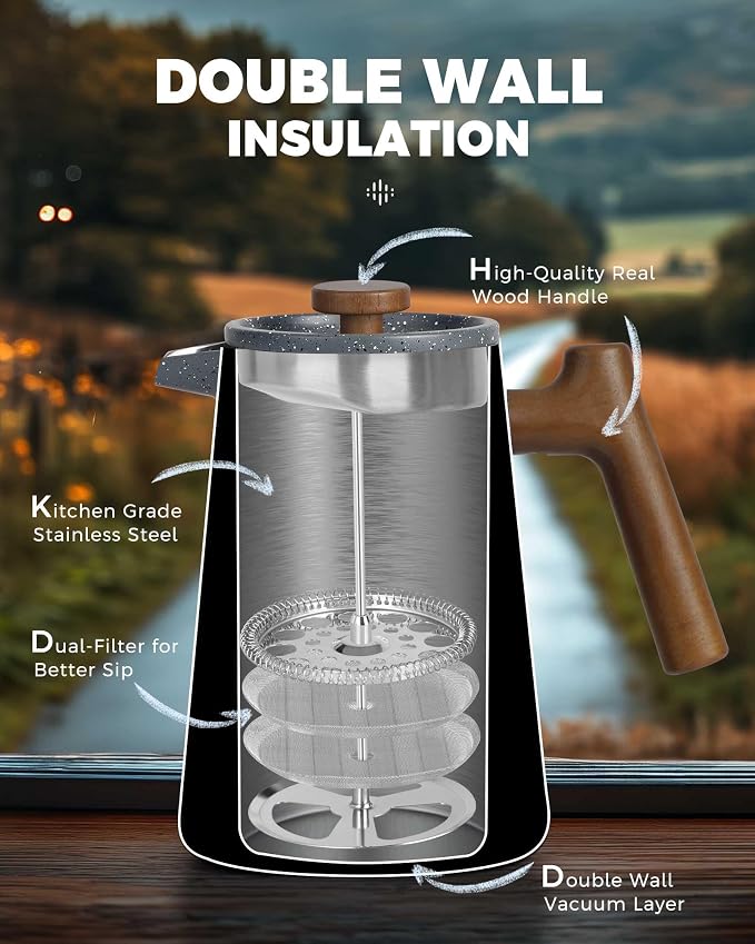 POLIVIAR French Press Coffee Maker, 34 oz | Real Wood Handle, Double Wall Insulation, Dual-Filter Screen, Food Grade Stainless Steel, For Coffee and Tea