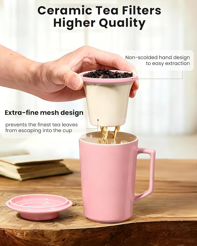 15 OZ Porcelain Tea Infuser Cup with Lid,Ceramic Tea Mug with All-Porcelain Strainer for Loose Leaf Teas,Microwave and Dishwasher Safe Tea Mug,Metal-Free,BPA-Free for Tea-Lover/Birthday Day(Pink)