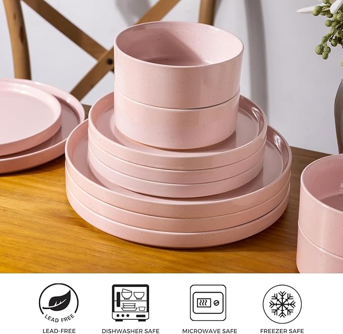 AmorArc Stoneware Dinnerware Sets for 6,18Pcs Plates and Bowls Set | Handmade Ceramic Dish Set,Dishwasher & Microwave Safe,Scratch Resistant-Pink