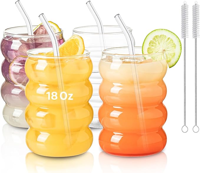 KEMORELA 18oz Wave Shape Beverage Glasses With Straws,Vintage Glass Cups Wine Mugs Set, Ripple Drinking Glasses,for Juice Beer Wine Champagne Cocktail Home Kitchen Bar Mixed Drinks (4PCS)