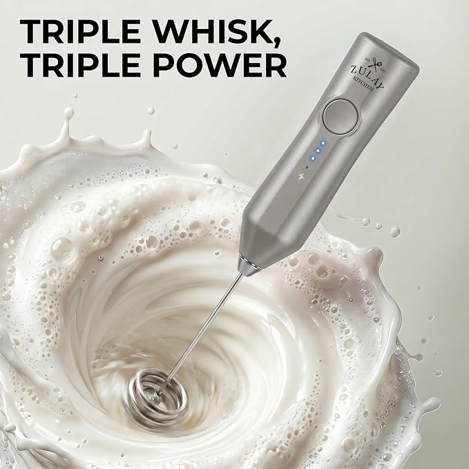 Zulay Kitchen Rechargeable Milk Frother Handheld - Frother Wand, Drink Mixer, Electric Whisk Frother, for Cappuccinos, Matcha & Protein Powder - Dynamic Triple Whisk, 3 Speed 500mAh Light Gray