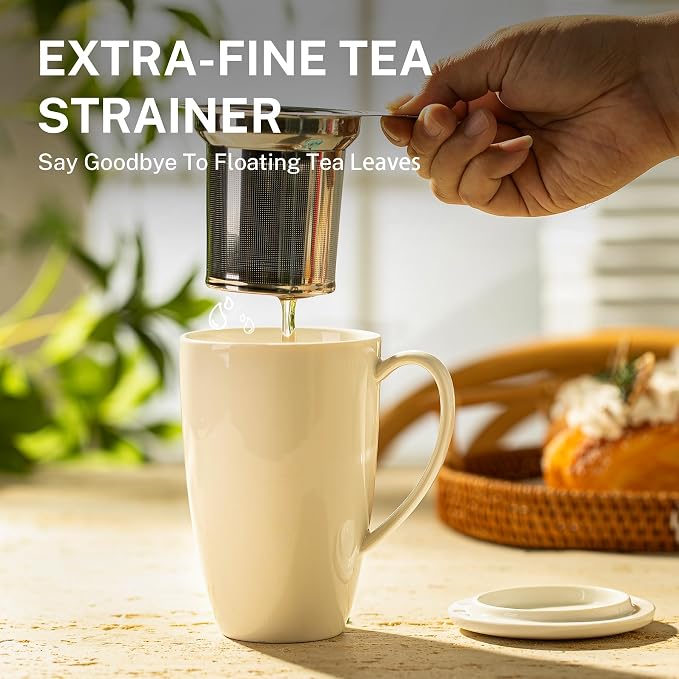 Sweese 15oz Porcelain Tea Mug with Infuser and Lid – Microwave Safe, Ergonomic Handle, Lead-Free Glaze, for Loose Leaf Tea White;