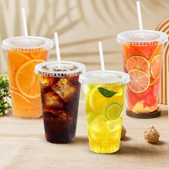 Clawsoff 500 Pack 20 oz Disposable Clear Plastic Cups with Lids and Straws | Leak-Proof Sturdy Cold Drink Cups for Iced Coffee, Smoothies, Juice, Parties & Business