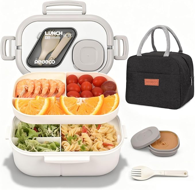 White Bento Box with Bag for Adult Kid, Leakproof 2-Layers Stackable | Insulated bag and sauce pod,2-tier stackable 1100ml ,Microwave & dishwasher safe, BPA-free,For school, work, travel, picnic