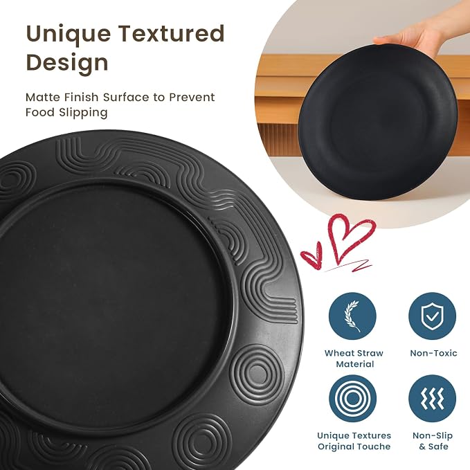 16-Piece Wheat Straw Dinnerware Sets, Reusable Unbreakable Plates and Bowls Sets,Cups,Service for 4, Premium Dishwasher and Microwave Safe Dish Sets for Kitchen,Outdoor - Black