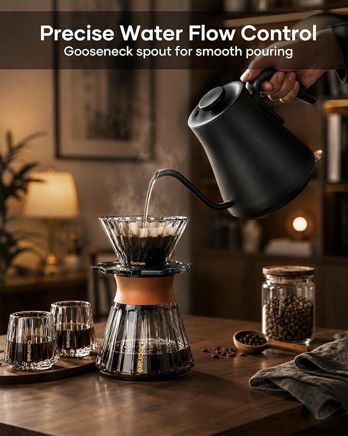 Cocinare Gooseneck Electric Kettle 0.8L, Fast Boil Pour Over Coffee, Tea | 1440W Fast Boil, 304 Stainless Steel Interior, Gooseneck Precision Spout, Auto Shut-Off & Boil-Dry Protection, Matte Black