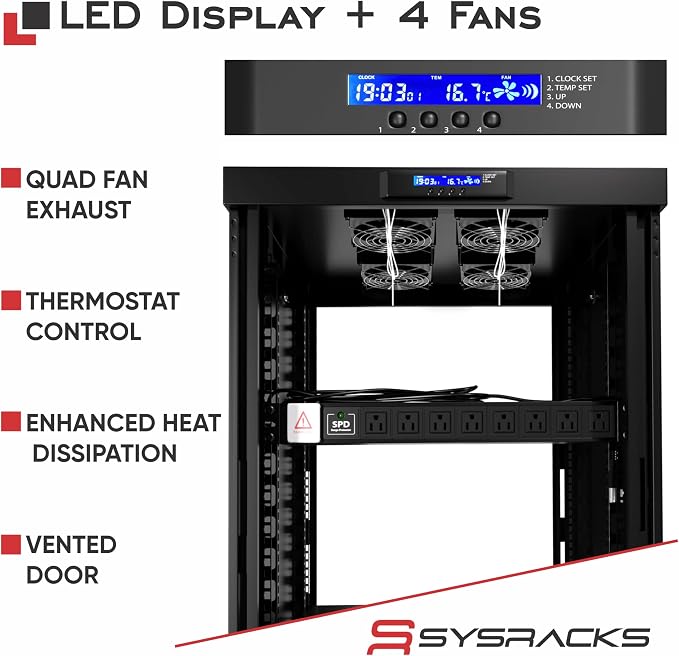 42U Floor Standing Server Rack Cabinet, 19 Inch Network Rack Enclosure, 32 Inch Deep, Locking Glass Door, Cooling Fans, PDU, Shelf, for IT and AV Equipment