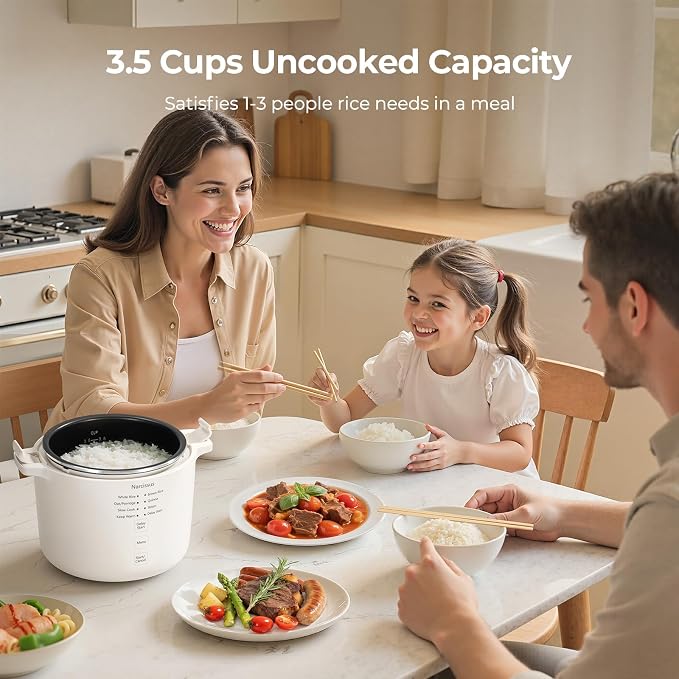 Narcissus Rice Cooker with Removable PFAS-Free Nonstick Pot, 3.5-Cup Capacity for 1-3 People, Multifunctional for Rice, Oatmeal, Quinoa, Slow Cook, Steam, Can Steam & Cook Simultaneously, Rice White