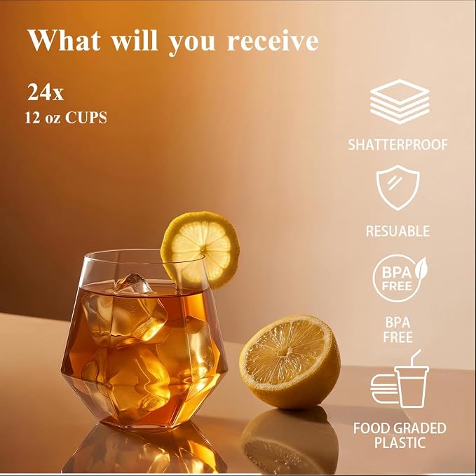 BESTSTAR 48 Pack Clear Plastic Wine Glasses Set BPA-Free Shatterproof | 24 9 OZ Stemless Champagne Flutes & 24 12OZ Diamond Wine Whiskey Glasses, Clear Drinkware for Weddings, Parties & Events