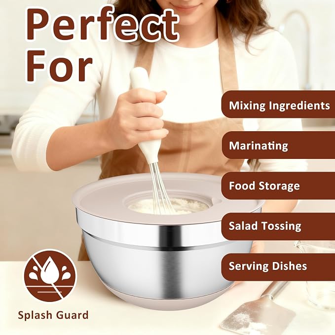 9 Pack Mixing Bowls with Airtight Lids & Grater Attachments, Khaki | Stainless Steel Bowl, Non-slip Bases, Nesting Kitchen Bowl, Size 5, 4, 3, 2, 1.5,1QT,for Food Prep, Baking, Storage & Serving