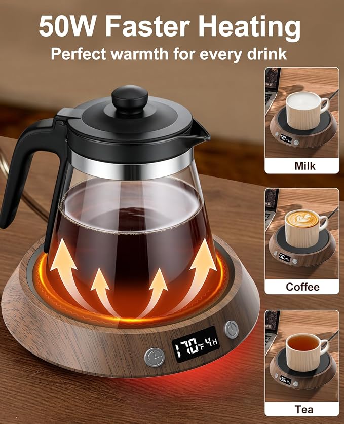 Kepwam Mug Warmer for Desk, Coffee Warmer with 3 Temp Settings & 2-9H Timer | 50W Fast Heating Beverage, LED Digital Display, Works for Coffee Mugs & Candle Jars, Multifunctional Gift fo Home & Office