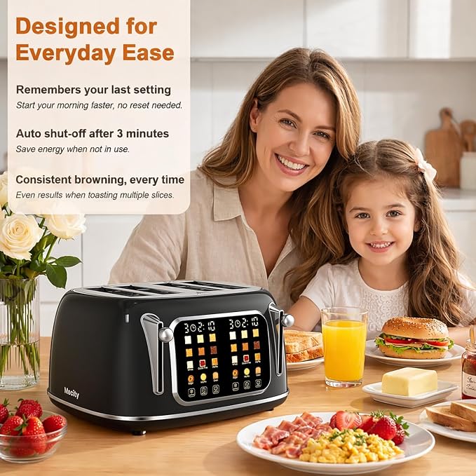 Mecity Toaster 4 Slice, Touch Screen Wide Slot Retro Toaster For Breads Bagel Muffin Waffle, House Warming Gift New Home, 120V 1650W, Jet Black