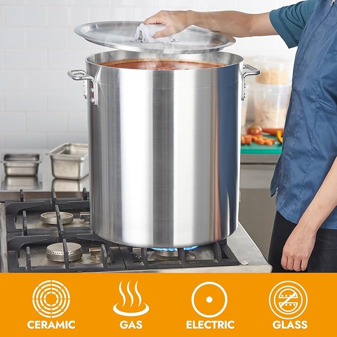 CURTA 60 Quarts Aluminum Stock Pot with Lid, Heavy Duty Commercial Grade Large Capacity Cooking Pot for Boiling, Stewing, Great for Kitchen, Restaurant, Catering, and Home Use, NSF Certified