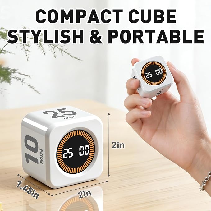 Pomodoro Timer Cube for Productivity — 5/25/10/50 Minutes Preset, Digital Gravity Sensor Desk Visual Timer for ADHD, Silent Mode, Ideal for Office, Study, Kitchen & Kids (White)