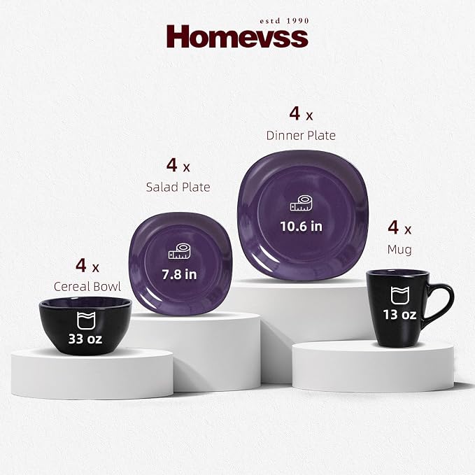 Stoneware Square 16pc Dinnerware Set, Inside Shiny Purple and Outside Matte Black