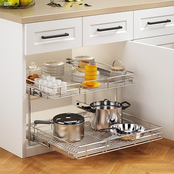 2 Tier Individual Pull Out Cabinet Organizer 30" W x 21½" D, Heavy Duty Cabinet Pull Out Shelves, Slide Out Drawers Organization for Kitchen Cabinets Bathroom