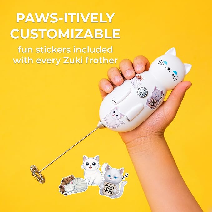 Zulay Kitchen Cat Milk Frother Wand – Cutesy Frother, Meet Your New Frothing Buddy Luna The Cat, Adoption Papers and Stickers Included, Purrr-fect for Lattes, Cappuccino & Matcha – White
