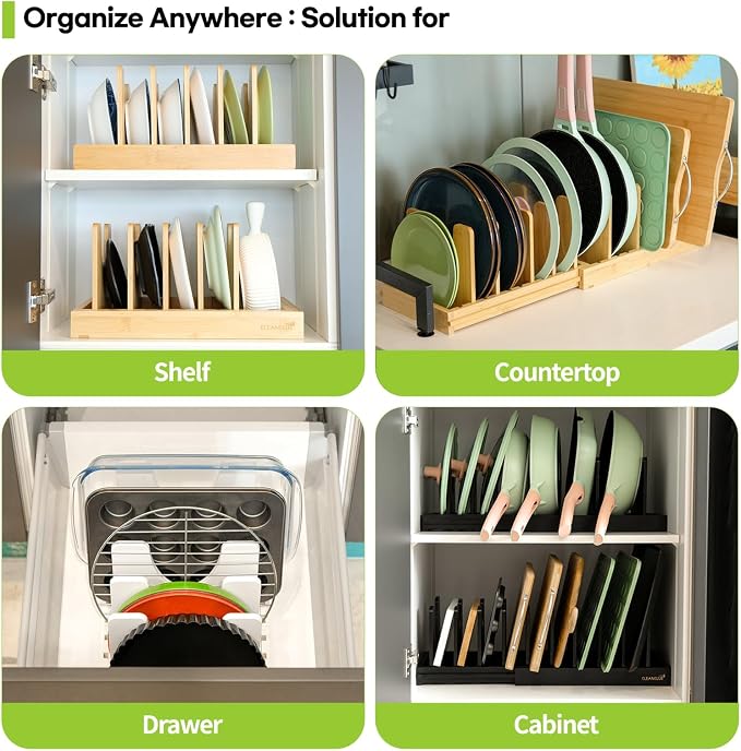 Pots and Pans Organizer under Cabinet Expandable Bamboo Pot Lid Holder Rack | Adjustable bakeware organizer, cutting board organizer, cookie sheet, baking pan, tray organizer for kitchen cabinet storage