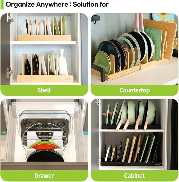 Pots and Pans Organizer under Cabinet Expandable Bamboo Pot Lid Holder Rack | Adjustable bakeware organizer, cutting board organizer, cookie sheet, baking pan, tray organizer for kitchen cabinet storage