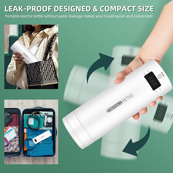 QRAGJBM Portable Electric Kettle Travel, 120V, 450ml, 4 Temperature Control | 304 Stainless Steel Lining, Auto Shut-Off, Boil Dry Protection, BPA-Free, Lightweight, For Hotel and Office (White)