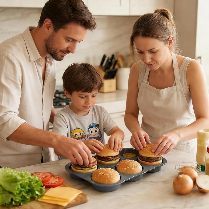6-cavity Silicone Hamburger Bun Pan, Nonstick & Heat Resistant Burger Bun Pan, Bread Baking Pan for Hamburger Bun, English Muffin, Cinnamon Roll, Mini Sourdough, Bread Pans for Homemade Bread