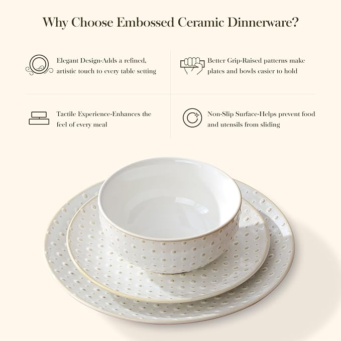 MALACASA 16 Pieces Dinnerware Set, Farmhouse Style Stoneware Plates and Bowls Sets for 4, Embossed Boho Ceramic Dish Set with Mugs, Microwave & Dishwasher Safe, Series LYDIA