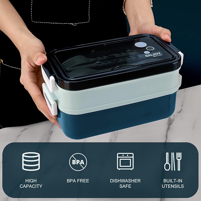 2-Tier Bento Lunch Box for Men & Adults with Insulated Lunch Bag | 50 OZ Large Capacity Bento Box with BPA-Free Utensils & Cup & Sauce Container, Leakproof, Microwave Safe for Work & Meal Prep