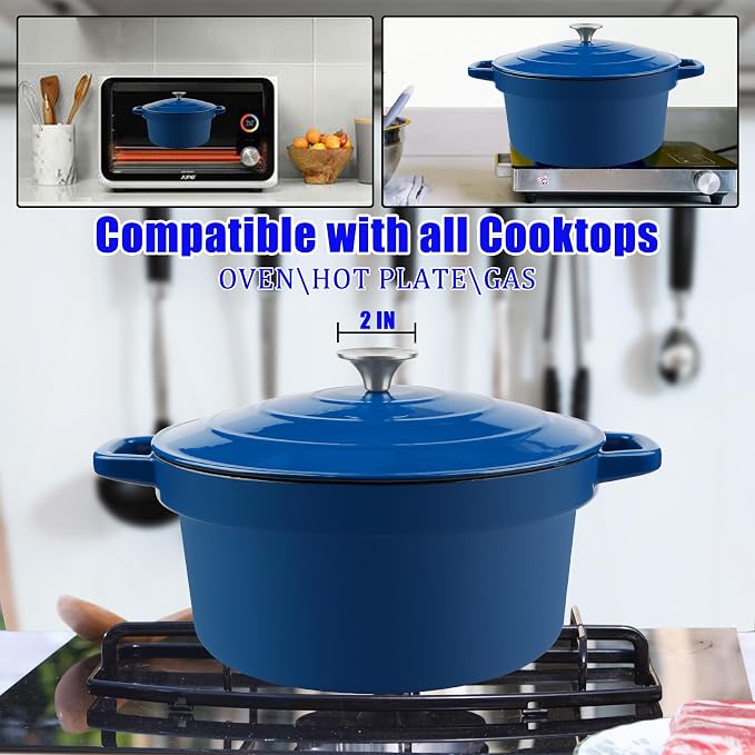7QT Dutch Oven Pot With Lid, Enameled Cast Iron Dutch Ovens for Sourdough Bread Baking, Non-Stick Ceramic Dutch Oven Cooking Pot, Oven Safe, Blue (10 Pcs Bread Paper Liners)