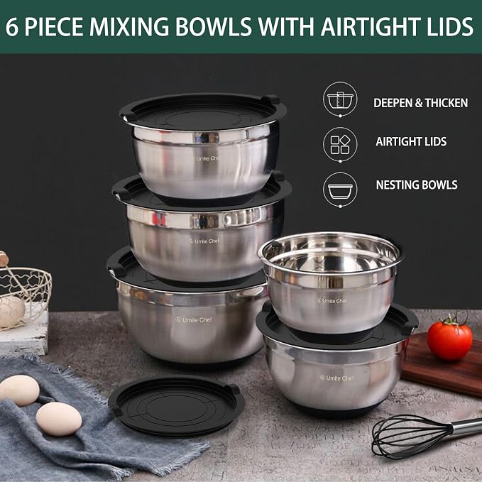 Umite Chef Mixing Bowls with Airtight Lids，6 piece Stainless Steel Metal Nesting Storage Bowls, Non-Slip Bottoms Size 7, 3.5, 2.5, 2.0,1.5, 1QT, Great for Mixing & Serving(Black)