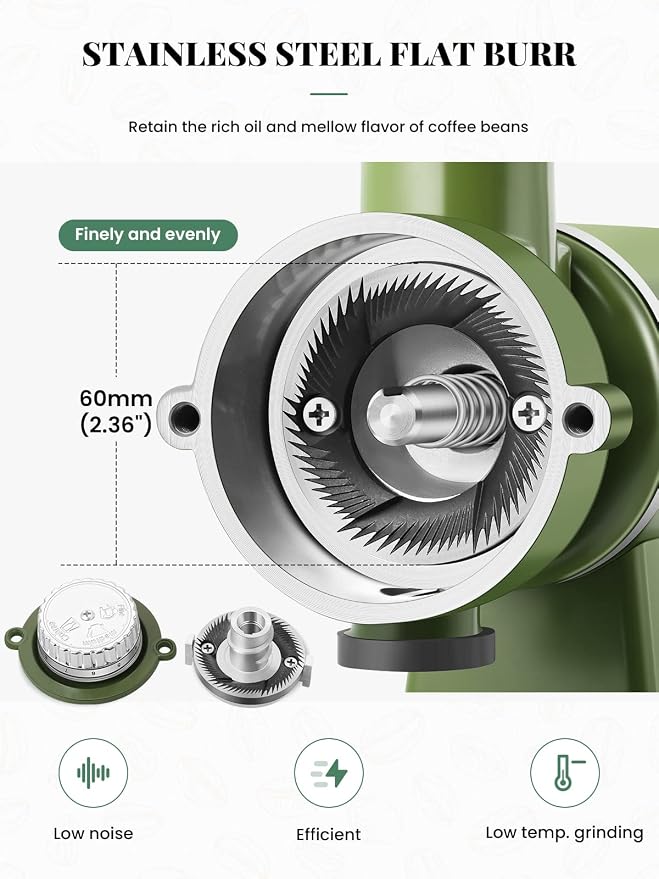 Huanyu 60mm Flat Burr Coffee Grinder, Retro Cream Green for Home Cafe | Stainless steel burr, 8 precision grind settings, 250g hopper, magnetic anti-splash outlet, sifting cup, for home cafe, 200w