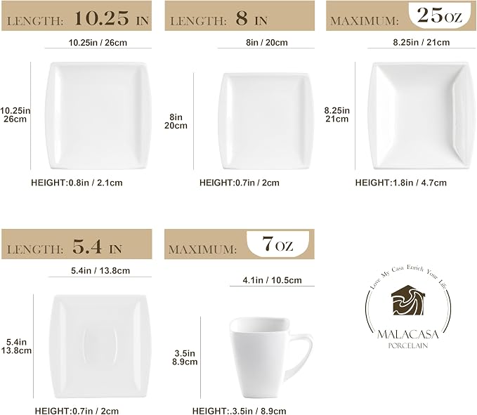 MALACASA 30 Piece Porcelain Dinnerware Set, Square Plates and Bowls for 6 | Complete with Plates, Bowls, Cups, Saucers, Microwave Oven and Dishwasher Safe Porcelain, Modern Square Design, Service for 6