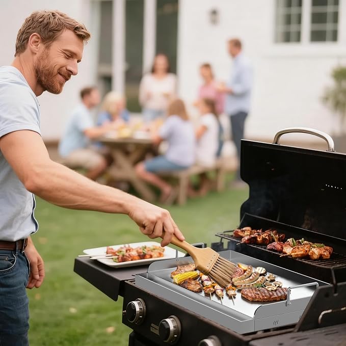Upgraded 17" x 13" Nonstick Stainless Steel Griddle, Universal Flat Top Plate Insert with Grease Groove, Large Stove Top Griddle for BBQ, Camping, Tailgating and Parties