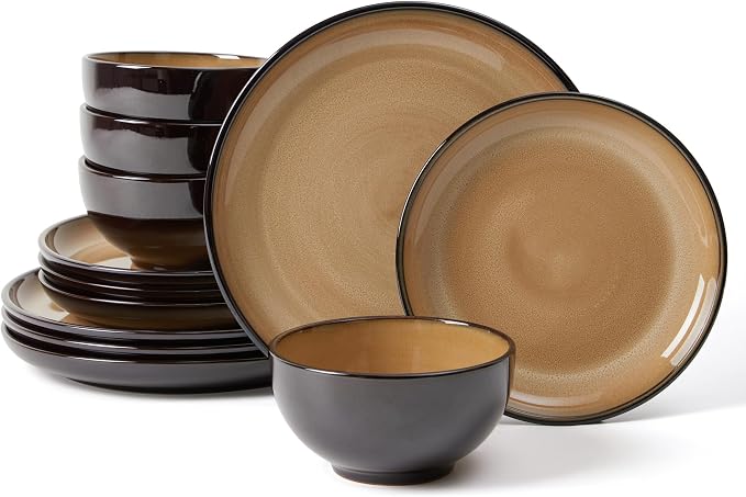Santorini Mist Terracotta Reactive Glaze Plates and Bowls Sets, Stoneware Dinnerware Sets, Microwave and Dishwasher Safe Ceramic Dish Set Service for 4, Mocha Brown
