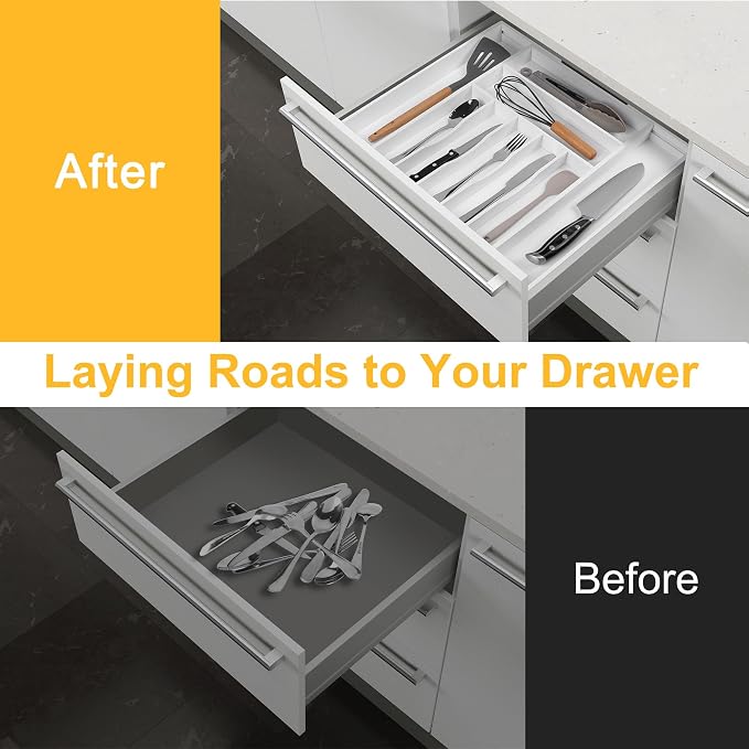 Large Premium Bamboo Silverware Organizer - Expandable Drawer Organizer & Utensil Organizer - 17"x19.7" Cutlery Tray with Dividers for Kitchen Utensils and Flatware (7-9 Slots) (White)