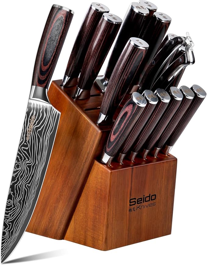 Seido Master 17-Piece Damascus Knife Block Set, Acacia Wood Block | Damascus steel kitchen knives with matching storage block for complete home chef prep
