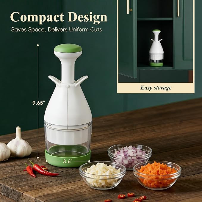 IVYROLL Vegetable Chopper, Manual Food Chopper | for Onion, Garlic, Nuts and Veggies, Hand-Powered Vegetable Cutter, Dishwasher Safe, Stainless Steel Blades