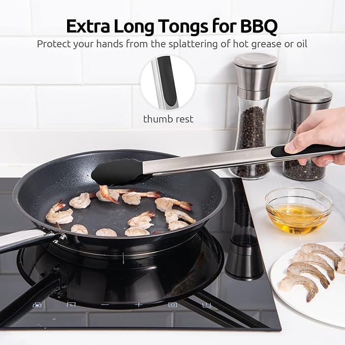 U-Taste Kitchen Tong for Cooking, 600ºF Heat-Resistant Silicone, 16in/Black | Extra Long BBQ Tongs, Large Tong for Grilling/Grabbing, Big Thong with Nonstick Silicone Tps & 18/8 Stainless Steel Handle